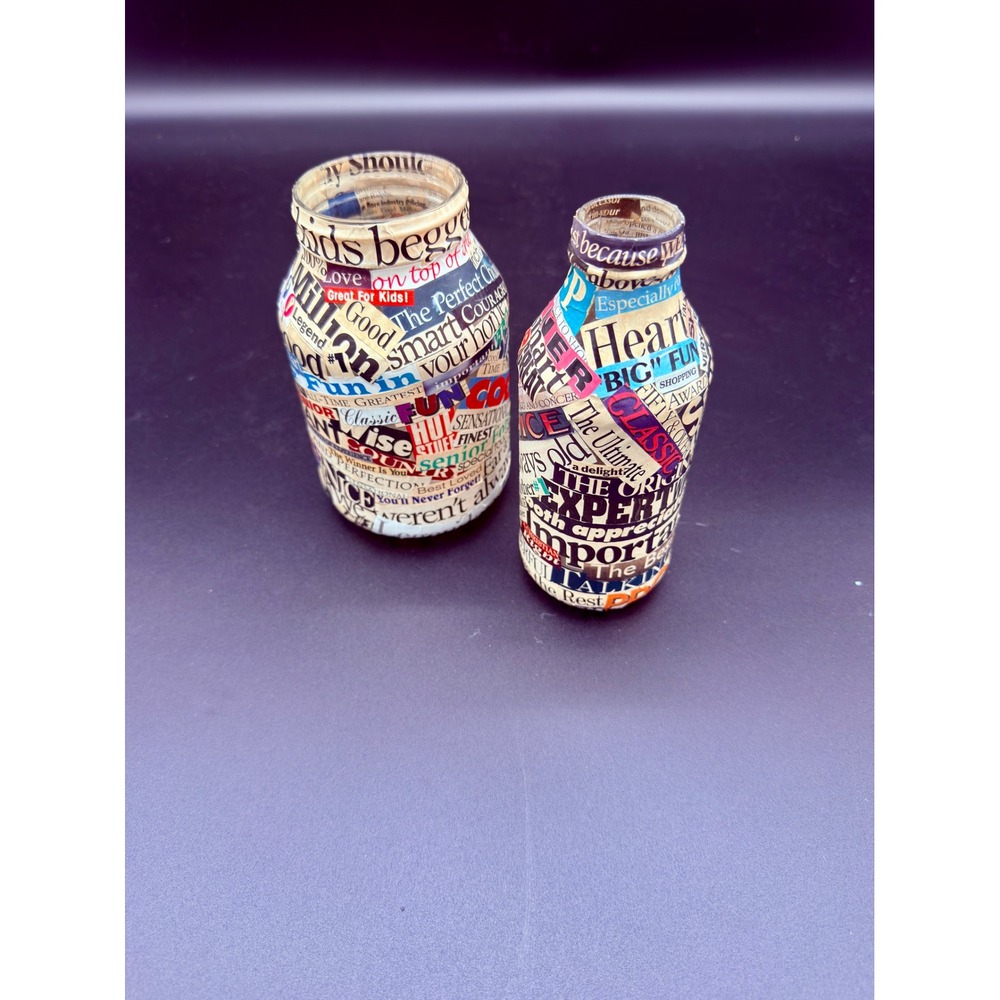Vintage Decoupage Glass‎ Bottle Set Ransom Note Typography Newspaper Collage 2pc